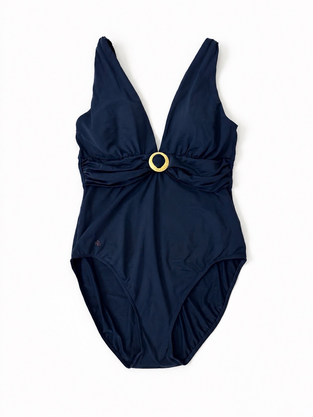 Lauren Ralph Lauren One Piece Swimsuit Navy Blue Gold Ring Ruched Size 14